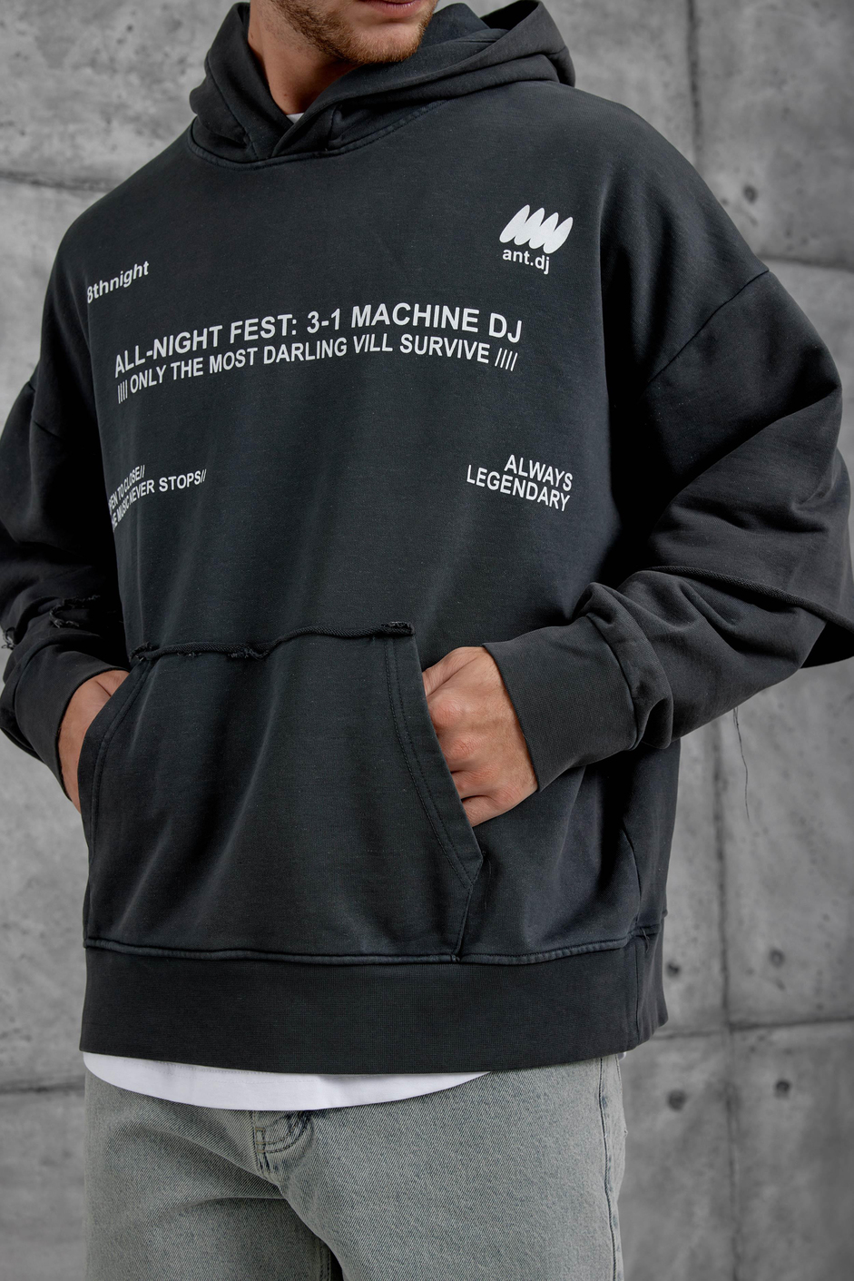 Füme Yazı Detaylı Parça Kollu Yıkamalı Oversize Kapüşonlu Sweatshirt