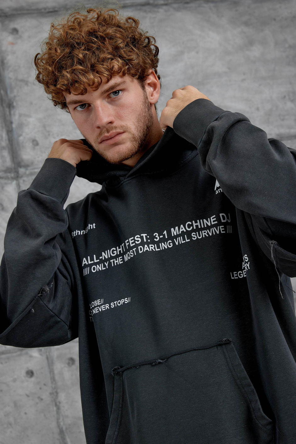 Füme Yazı Detaylı Parça Kollu Yıkamalı Oversize Kapüşonlu Sweatshirt