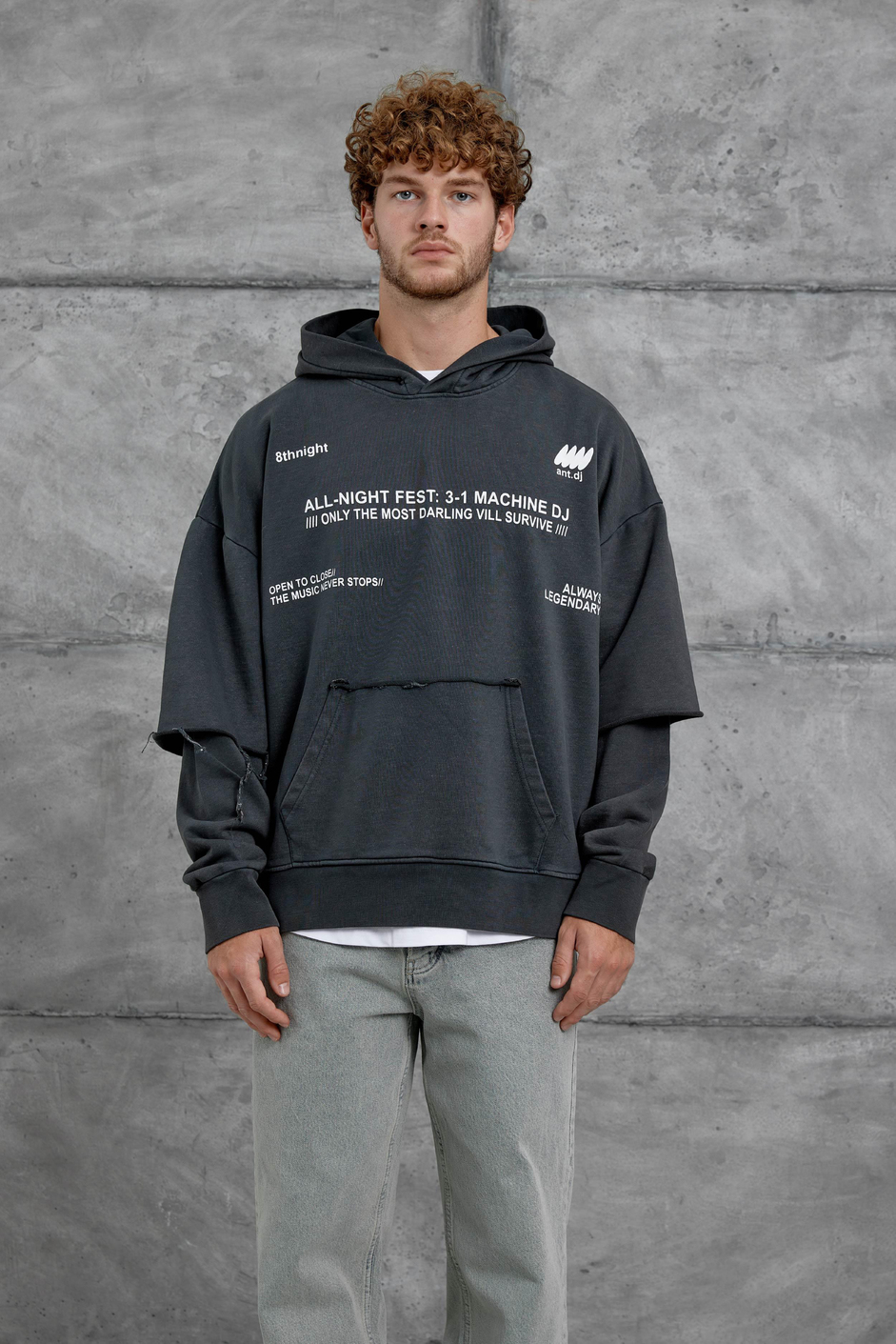 Füme Yazı Detaylı Parça Kollu Yıkamalı Oversize Kapüşonlu Sweatshirt