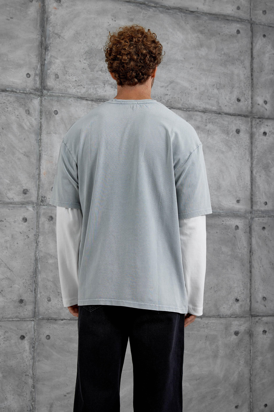 Gri 02 Baskılı Yıkamalı Oversize Parça Kollu Sweatshirt