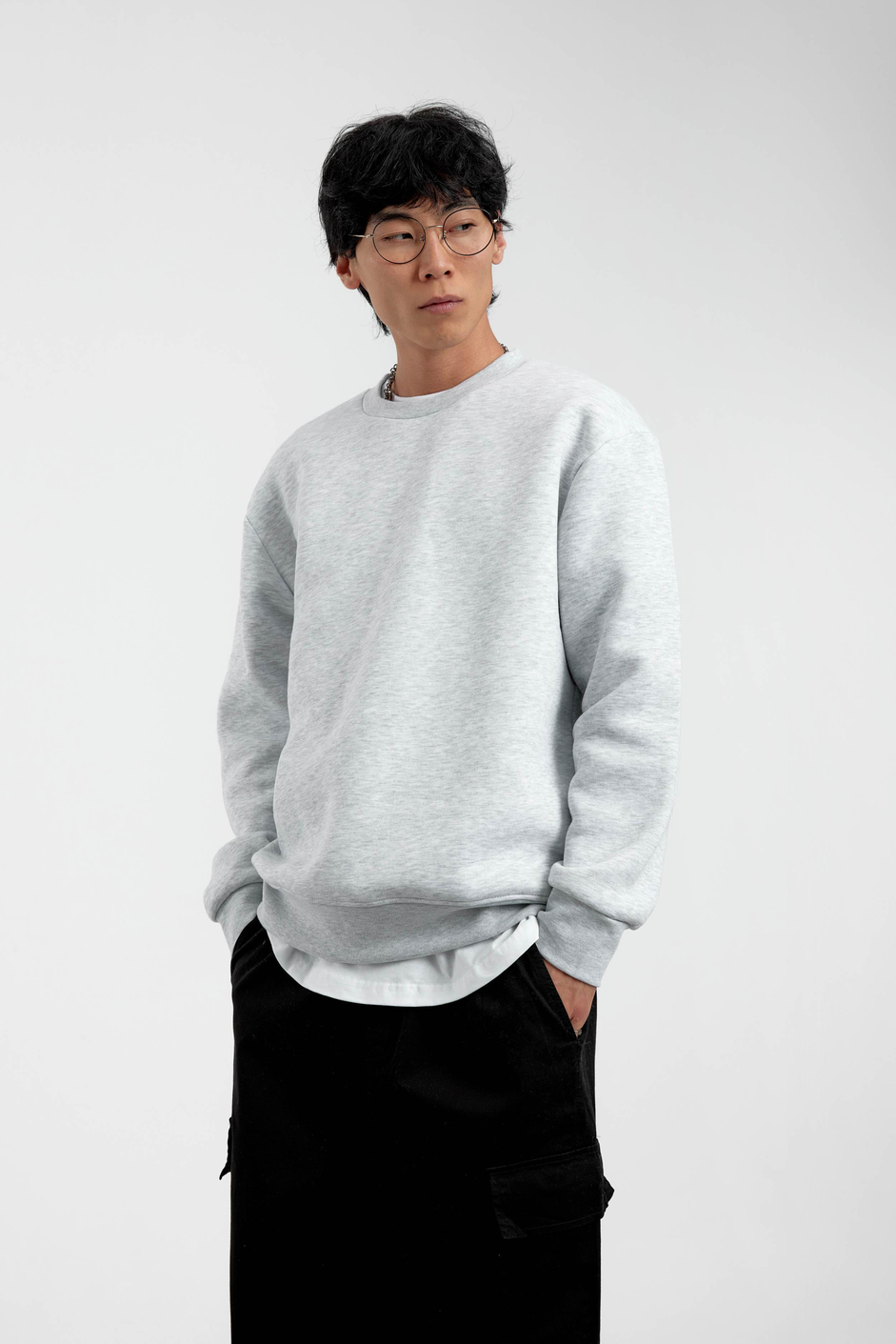 Gri Bisiklet Yaka Basic Şardonlu Sweatshirt