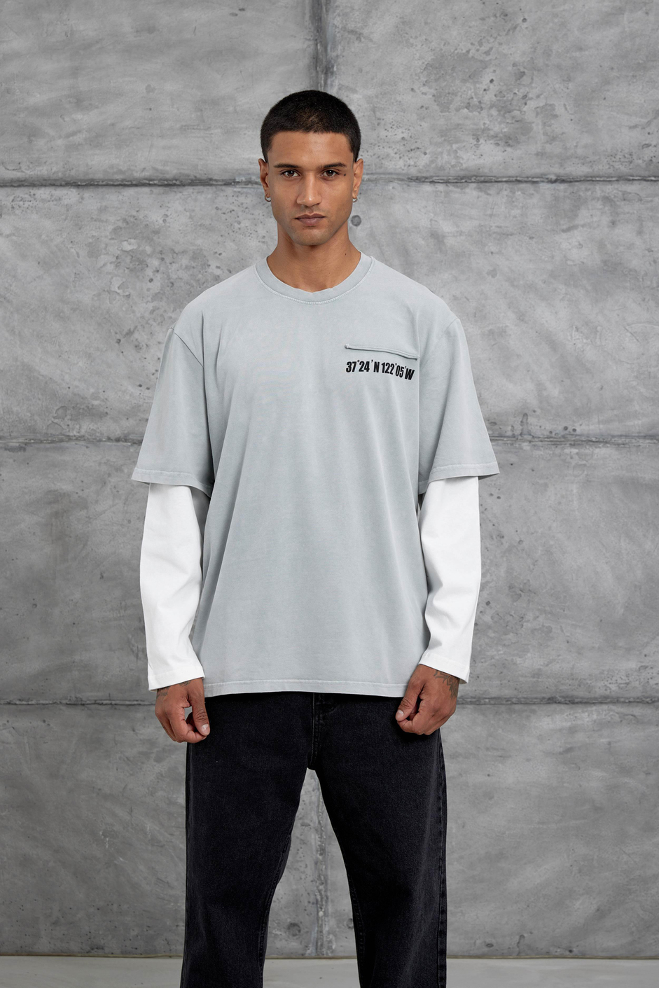 Gri Cep Rakam Detaylı Oversize Kolu Parçalı Tasarım Sweatshirt