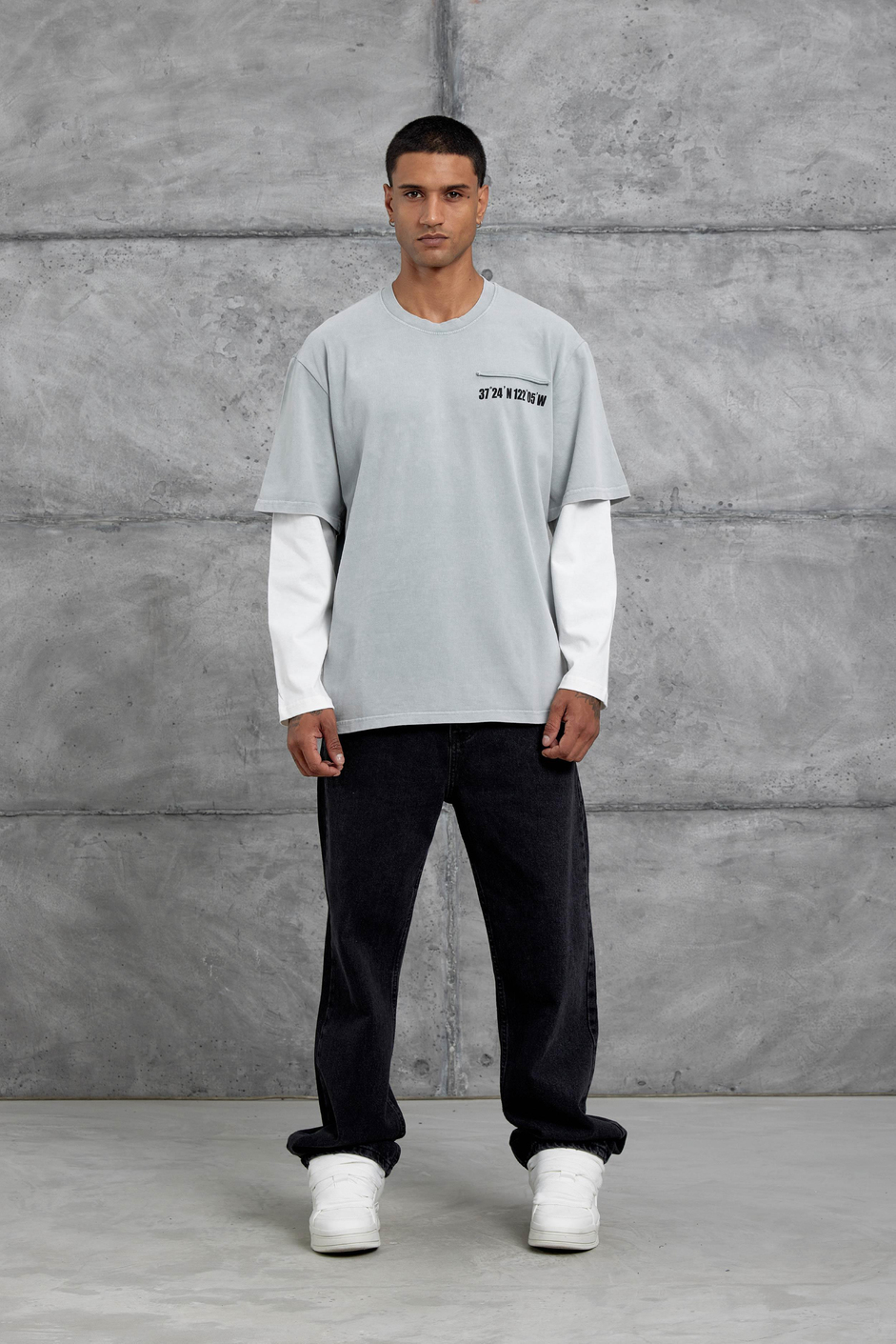 Gri Cep Rakam Detaylı Oversize Kolu Parçalı Tasarım Sweatshirt