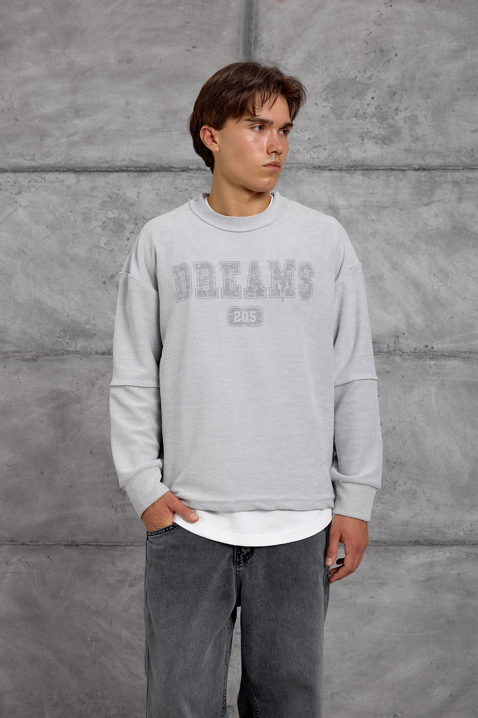 Gri DREAMS BASKI DOKUMA KUMAŞ OVERSIZE SWEATSHIRT