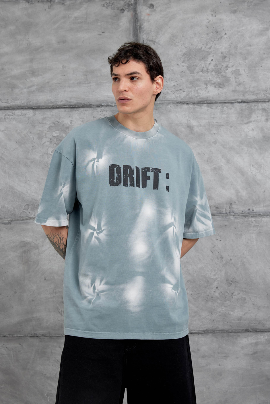 Gri Drift Yazılı Yıkamalı Oversize Tshirt
