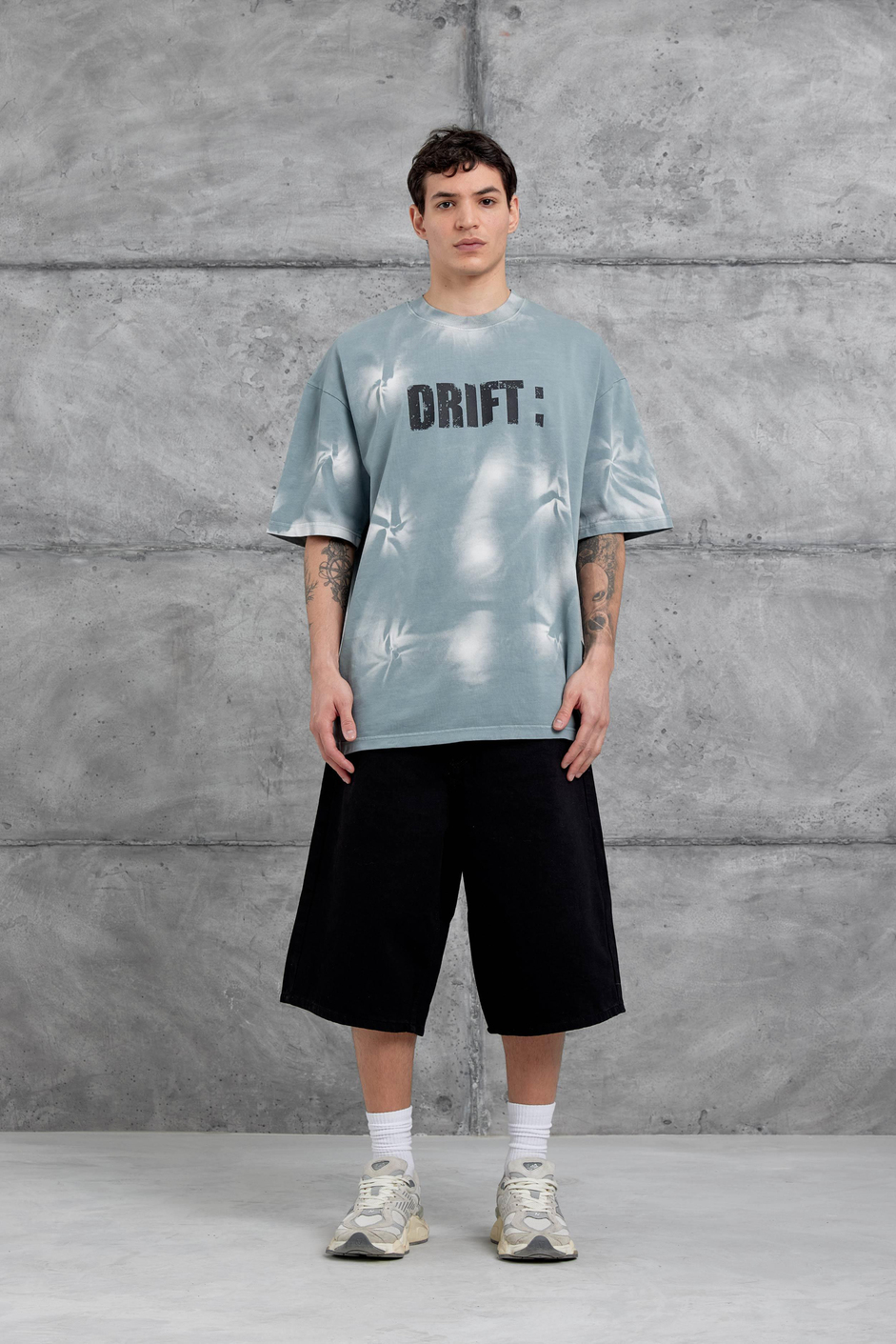 Gri Drift Yazılı Yıkamalı Oversize Tshirt