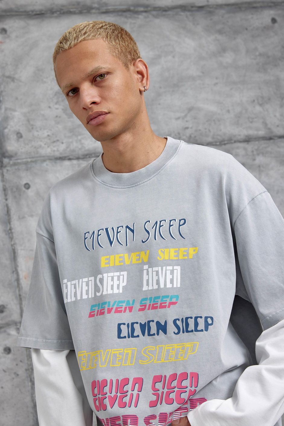 Gri Eleven Sleep Baskılı Parça Kollu Yıkamalı Oversize Sweatshirt