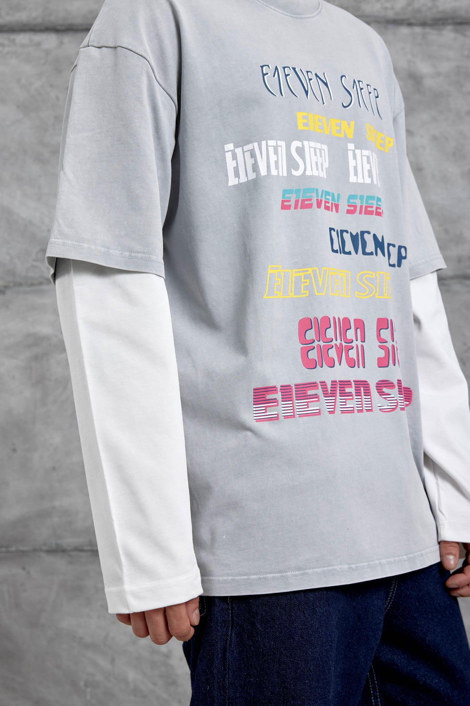 Gri Eleven Sleep Baskılı Parça Kollu Yıkamalı Oversize Sweatshirt