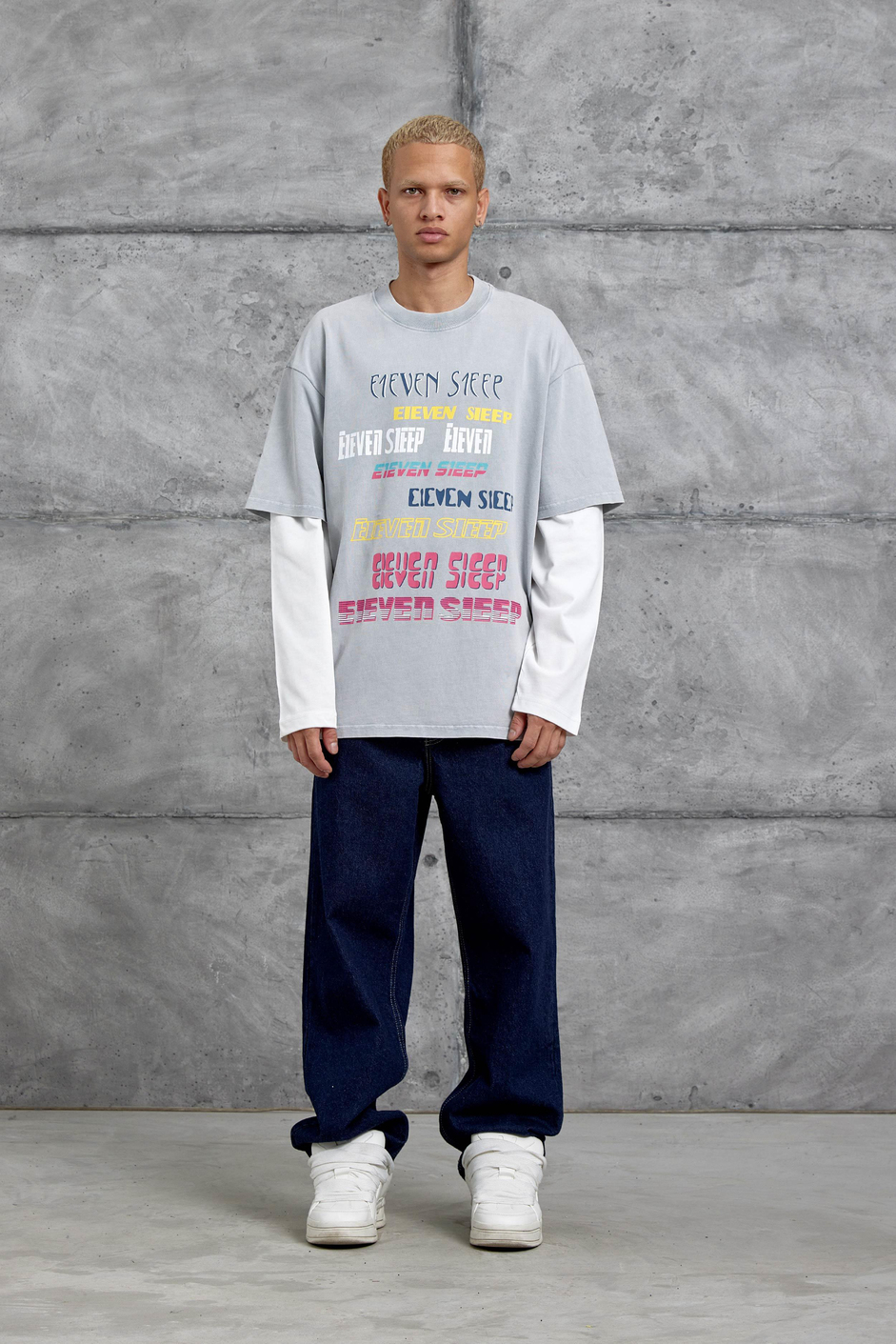 Gri Eleven Sleep Baskılı Parça Kollu Yıkamalı Oversize Sweatshirt