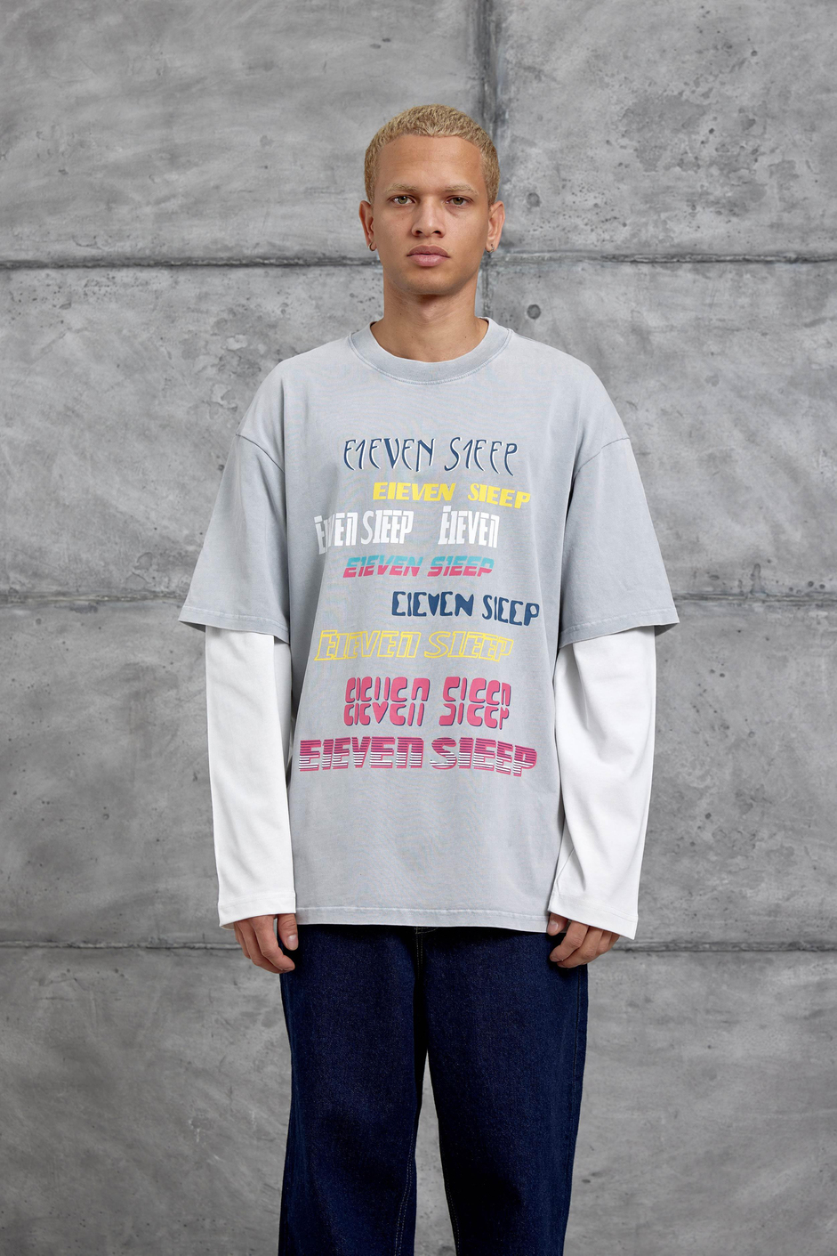 Gri Eleven Sleep Baskılı Parça Kollu Yıkamalı Oversize Sweatshirt