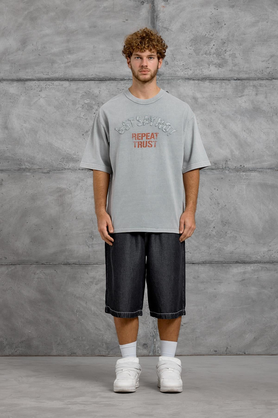 Gri HARF DİKİŞLİ YIKAMALI OVERSIZE TSHIRT