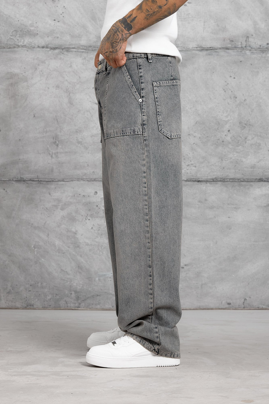 Gri KARE CEP TAŞLAMALI BAGGY JEAN