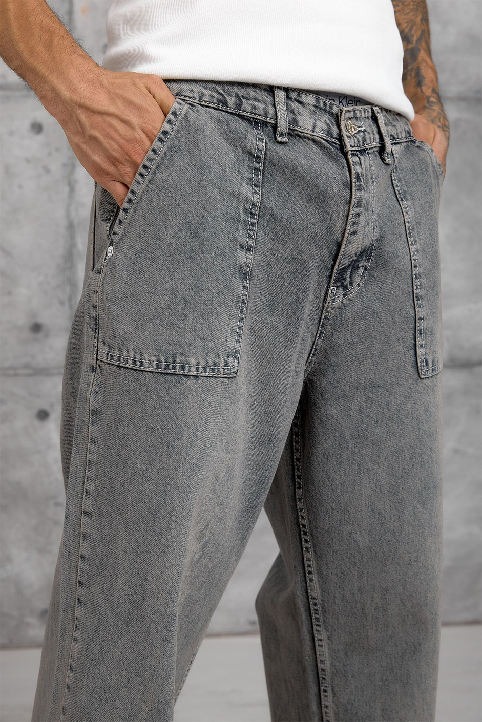 Gri KARE CEP TAŞLAMALI BAGGY JEAN