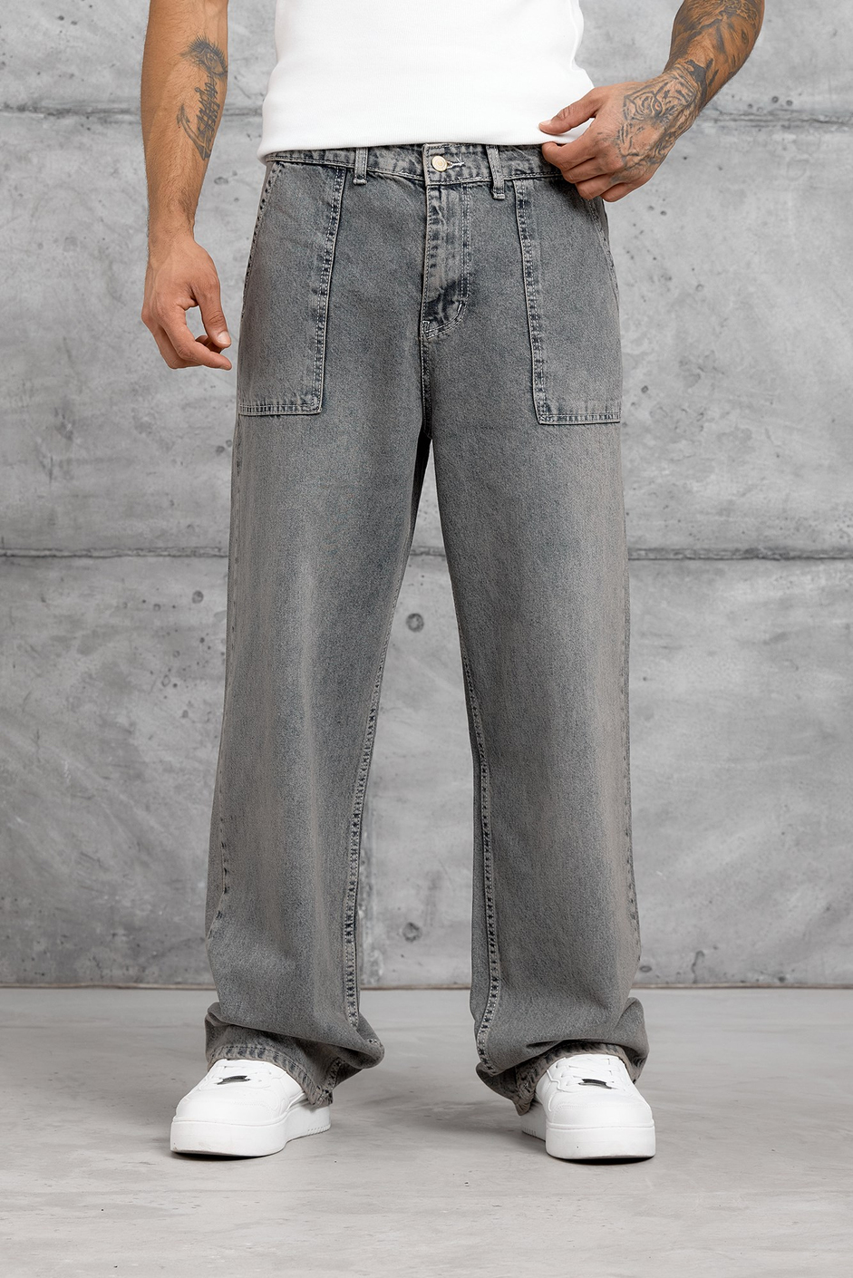 Gri KARE CEP TAŞLAMALI BAGGY JEAN