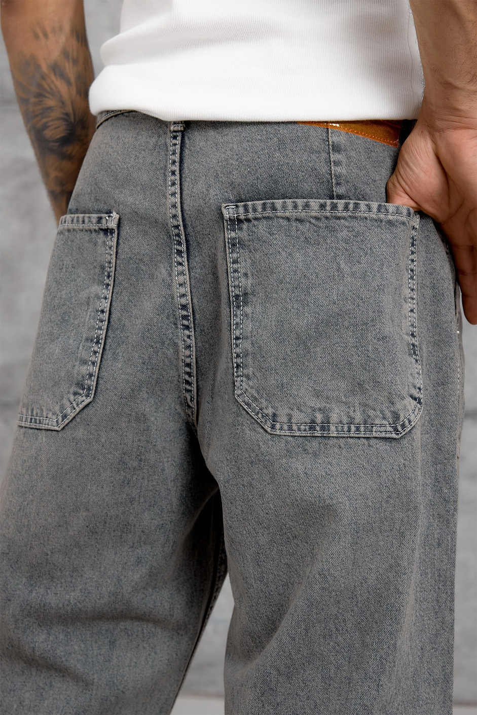 Gri KARE CEP TAŞLAMALI BAGGY JEAN
