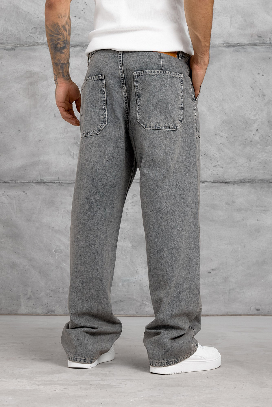 Gri KARE CEP TAŞLAMALI BAGGY JEAN