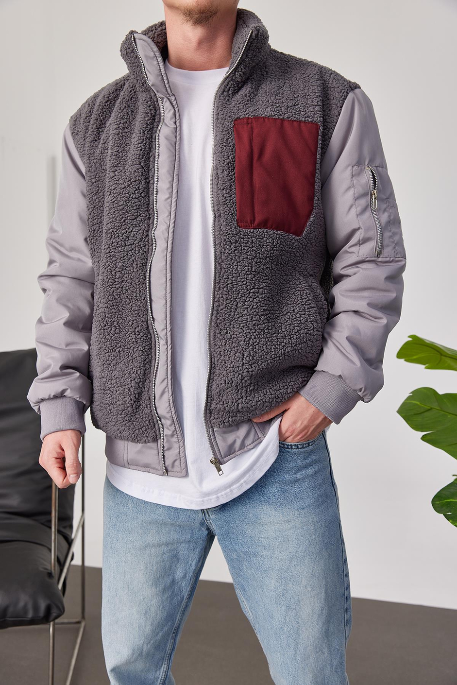 Gri Kollu Peluş Ceket