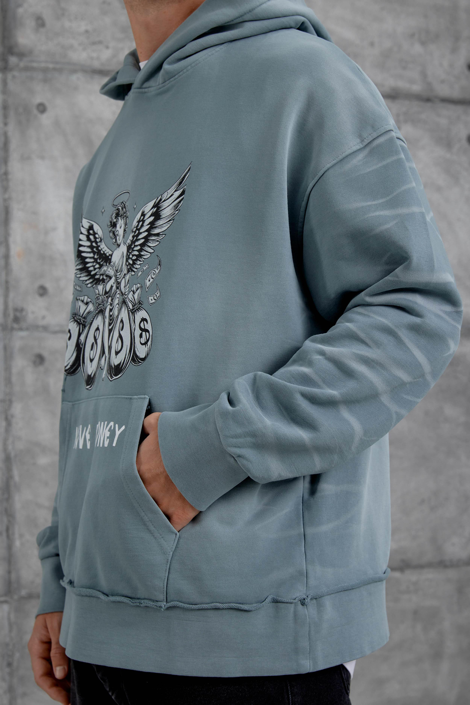 Gri Love Money Baskılı Parça Kollu Oversize Kapüşonlu Sweatshirt