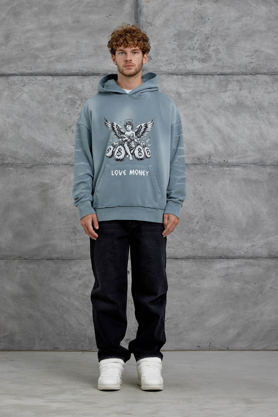 Gri Love Money Baskılı Parça Kollu Oversize Kapüşonlu Sweatshirt