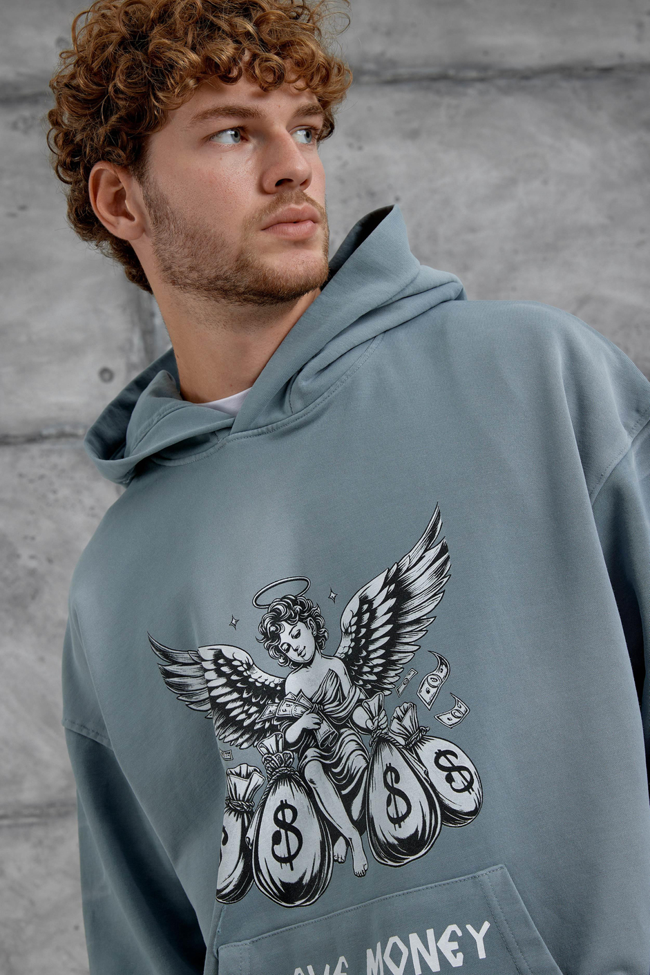 Gri Love Money Baskılı Parça Kollu Oversize Kapüşonlu Sweatshirt