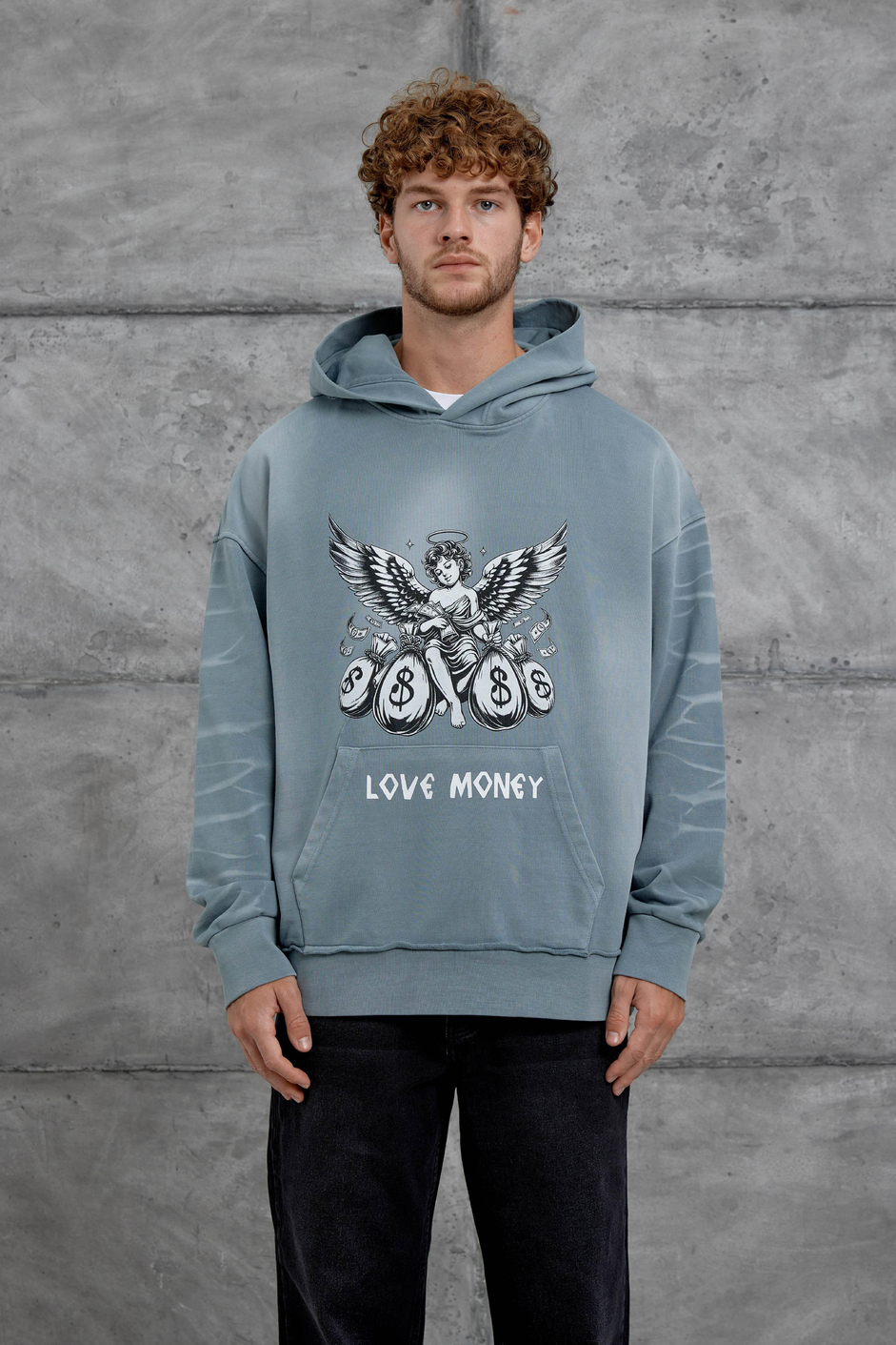 Gri Love Money Baskılı Parça Kollu Oversize Kapüşonlu Sweatshirt