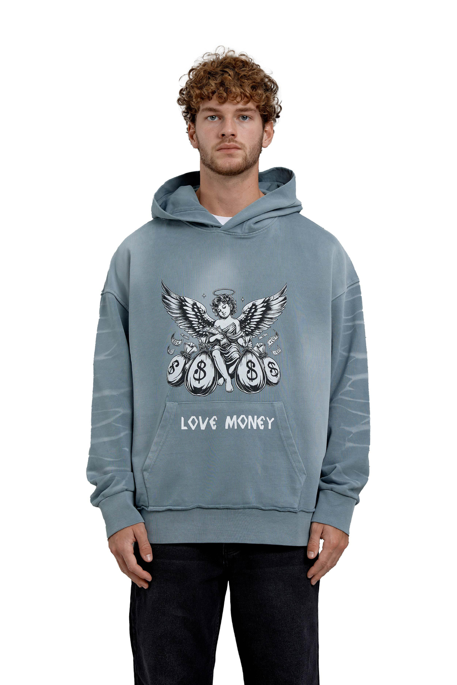 Gri Love Money Baskılı Parça Kollu Oversize Kapüşonlu Sweatshirt