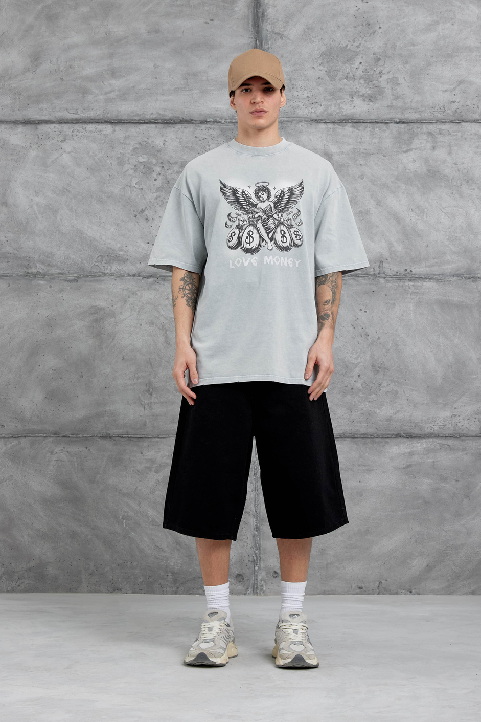 Gri Love Money Yazılı Yıkamalı Oversize Tshirt