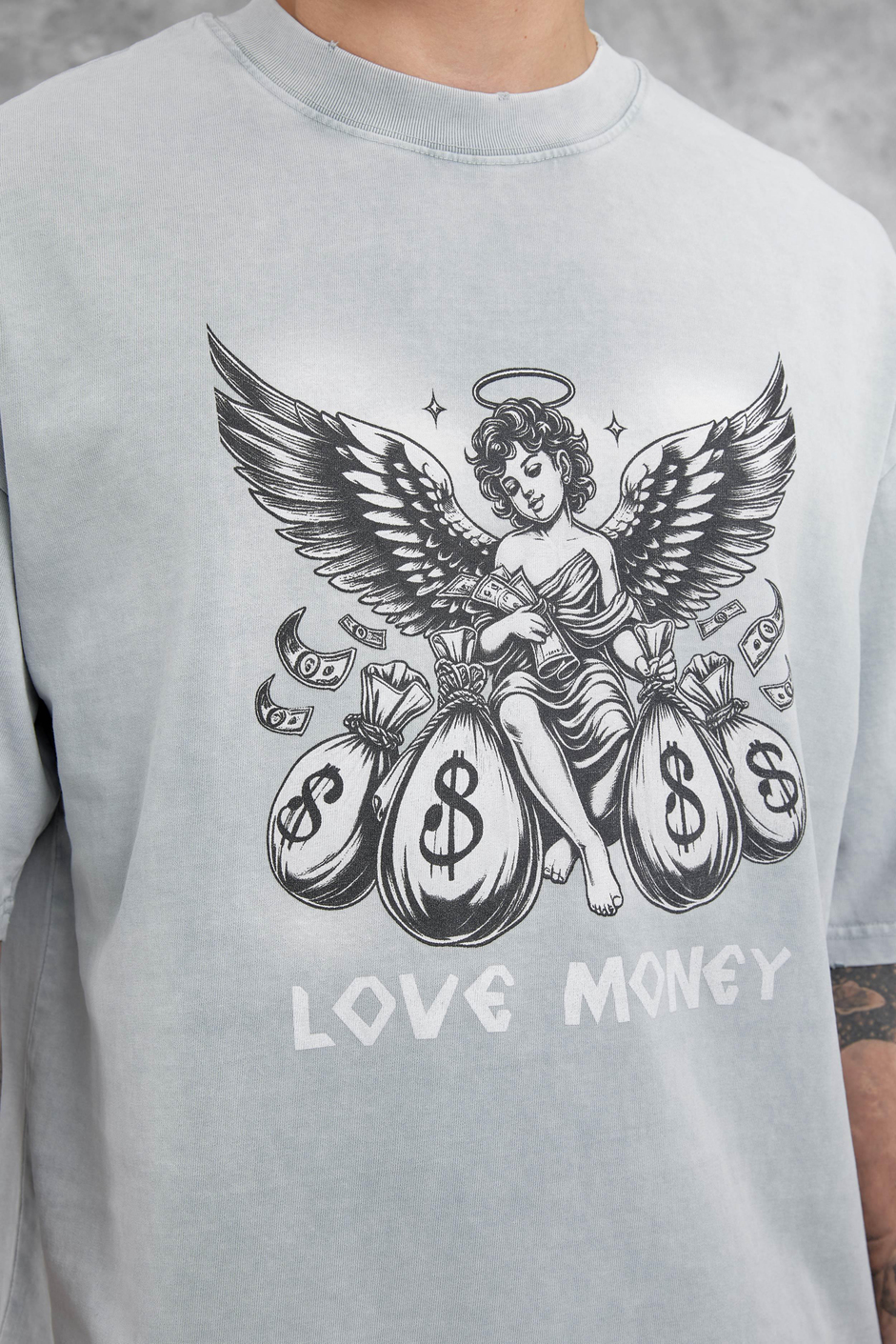 Gri Love Money Yazılı Yıkamalı Oversize Tshirt