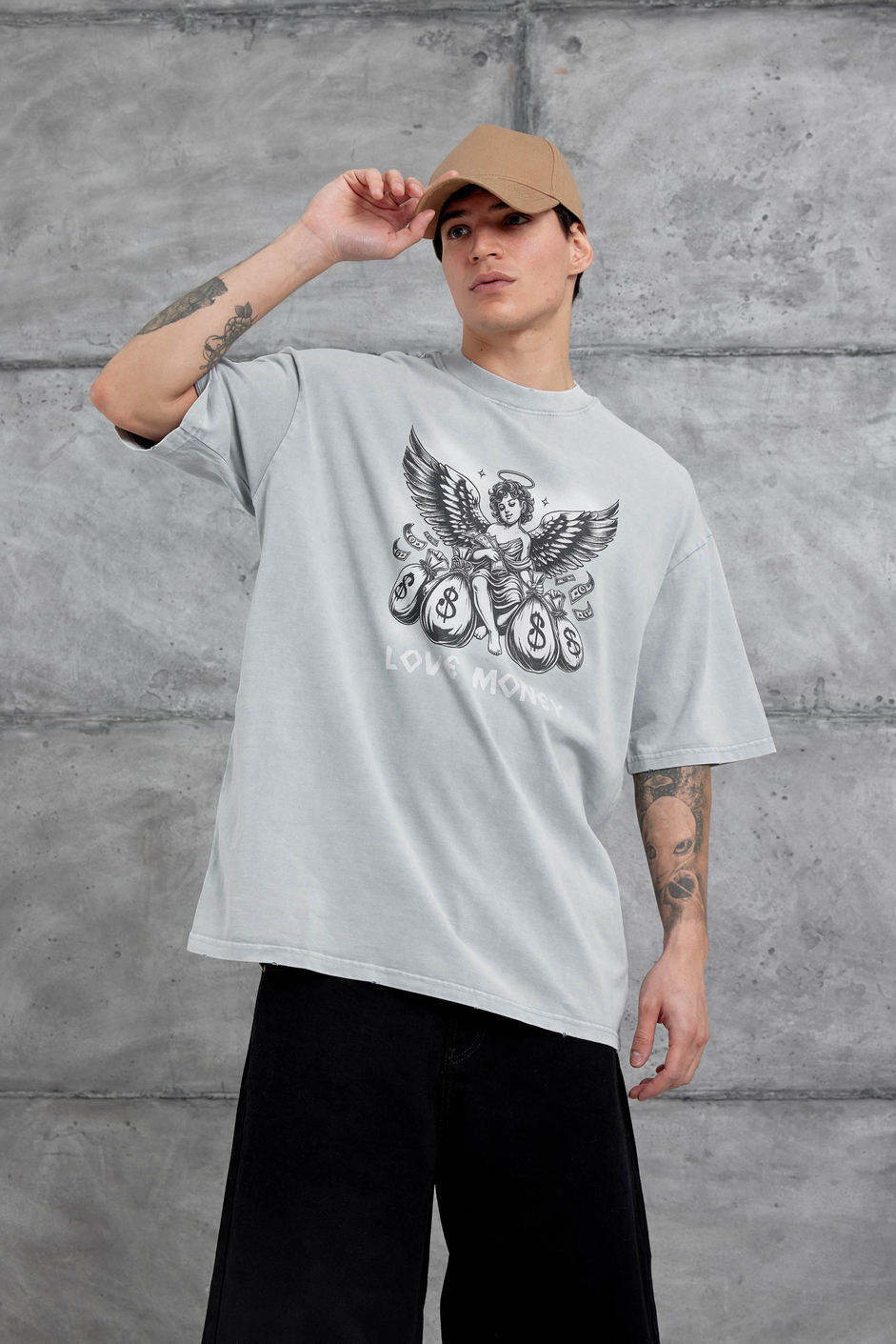 Gri Love Money Yazılı Yıkamalı Oversize Tshirt