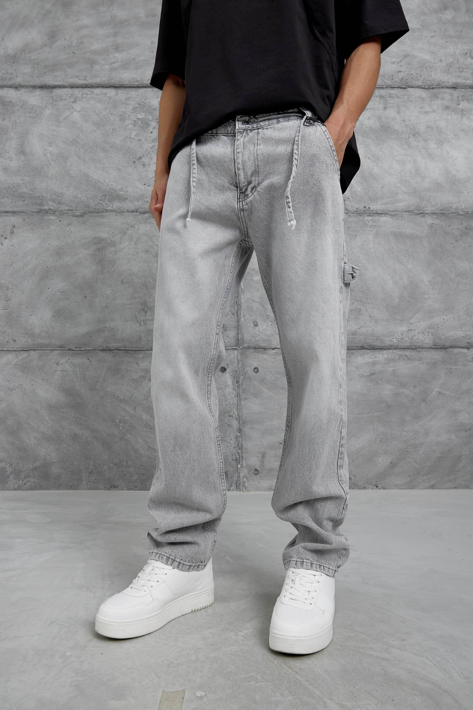 Gri Mb Parça Detaylı Baggy Jean