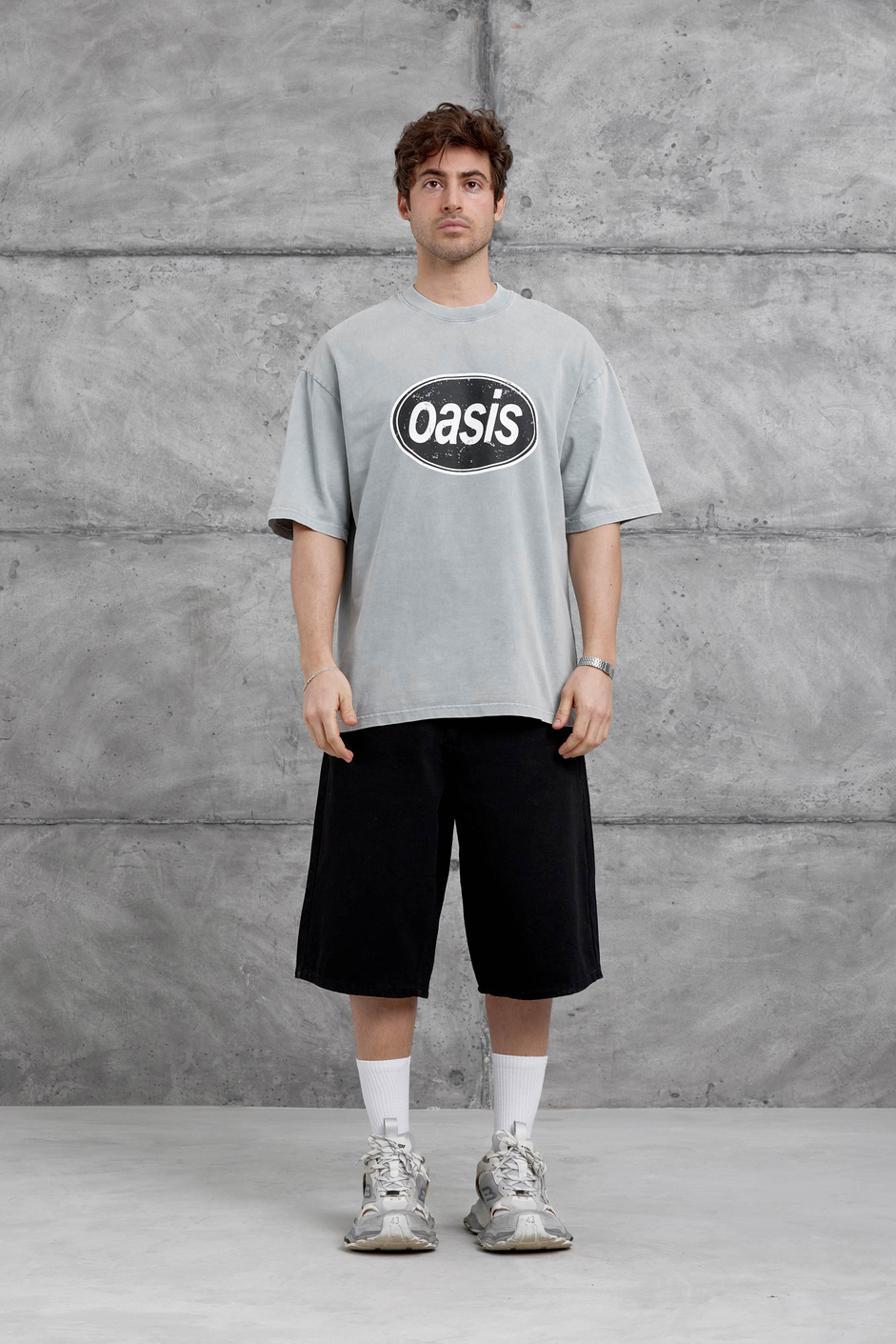 Gri Oasis Yazılı Yıkamalı Oversize Tshirt