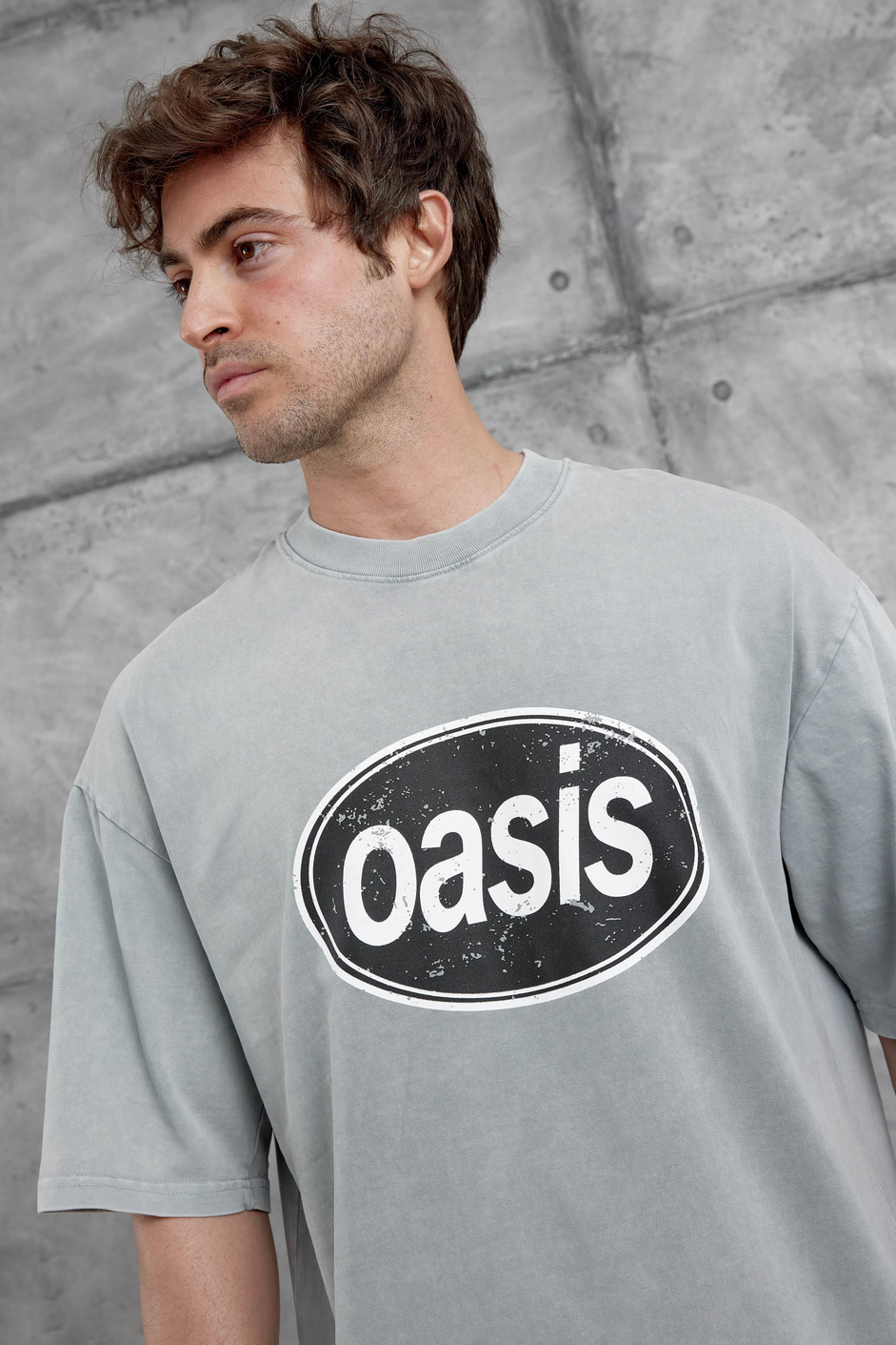 Gri Oasis Yazılı Yıkamalı Oversize Tshirt