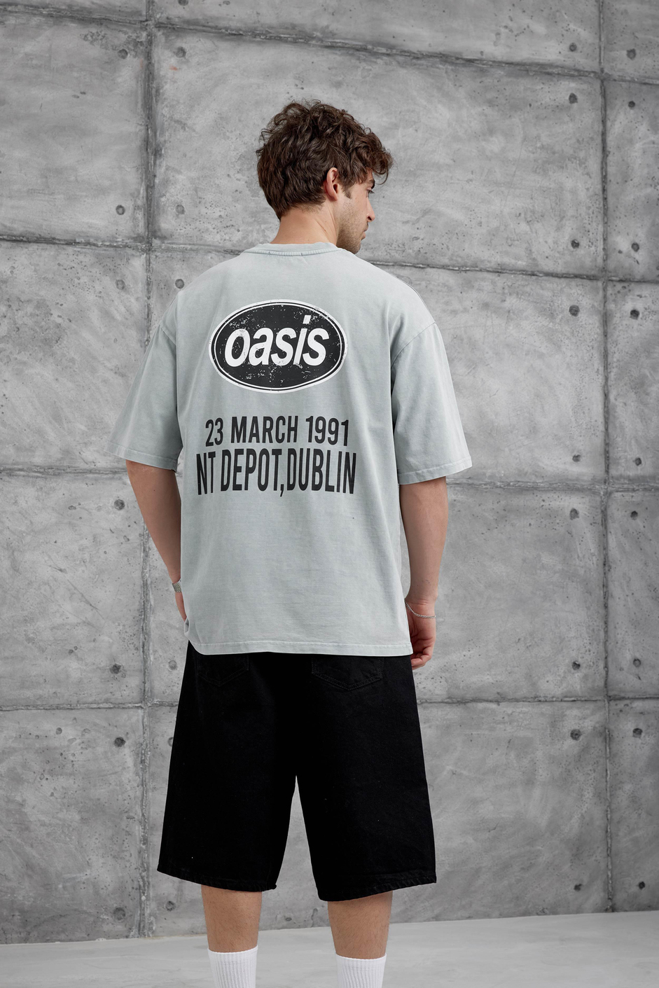 Gri Oasis Yazılı Yıkamalı Oversize Tshirt