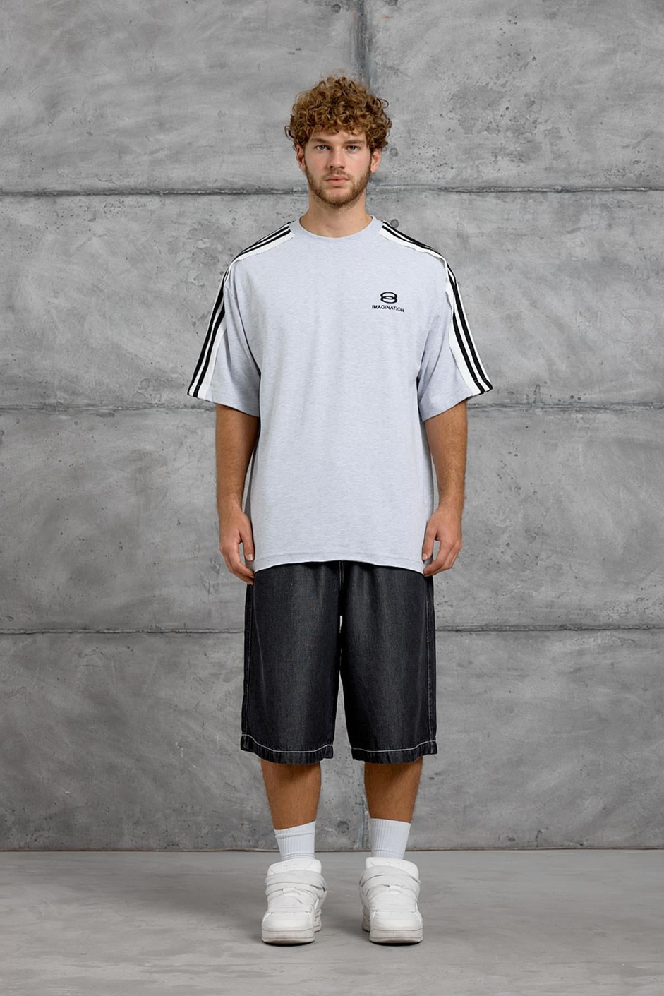Gri OMUZDA ŞERİT OVERSIZE TSHIRT