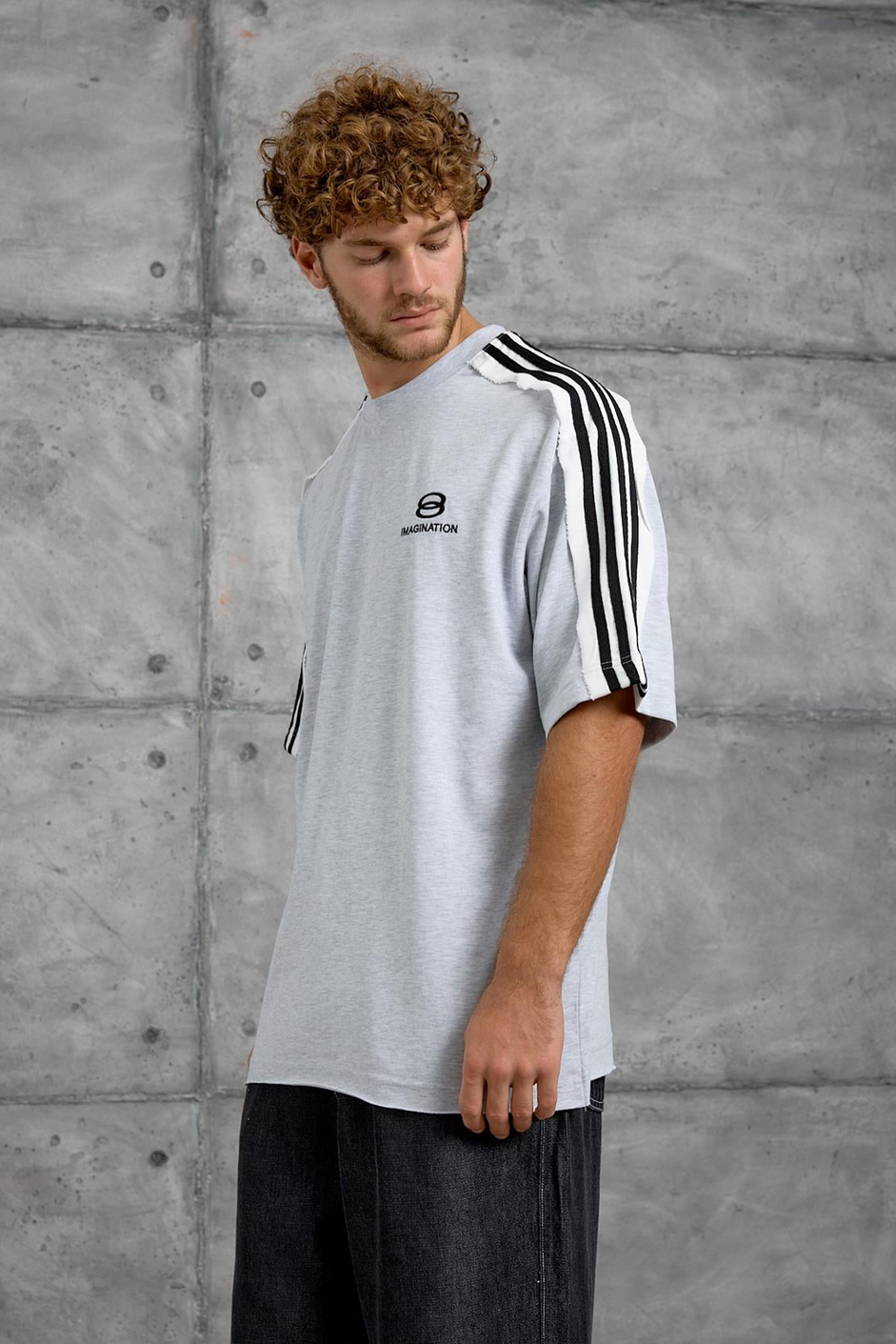 Gri OMUZDA ŞERİT OVERSIZE TSHIRT