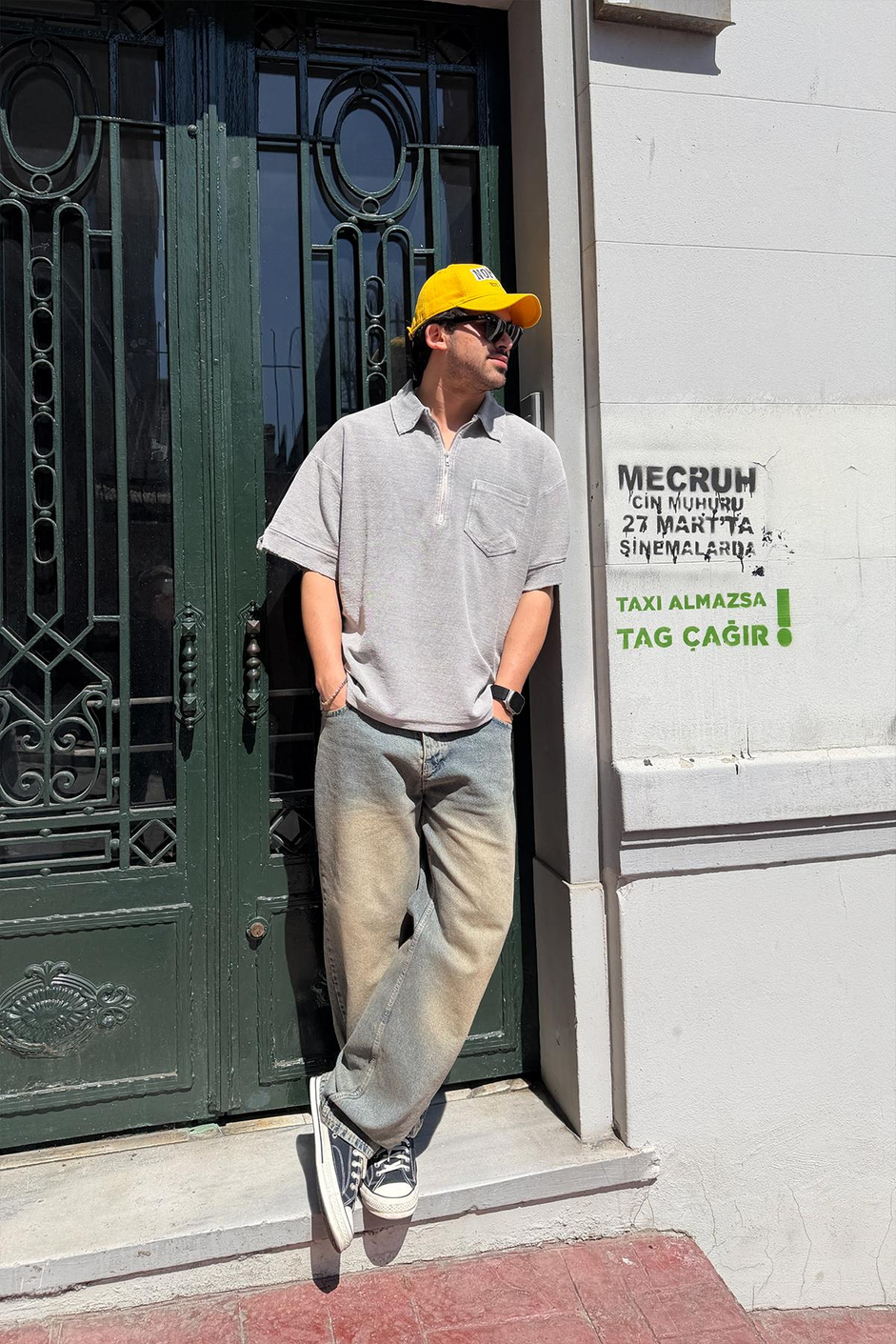Gri POLO TEK CEPLI FERMUARLI OVERSIZE YIKAMALI TSHIRT