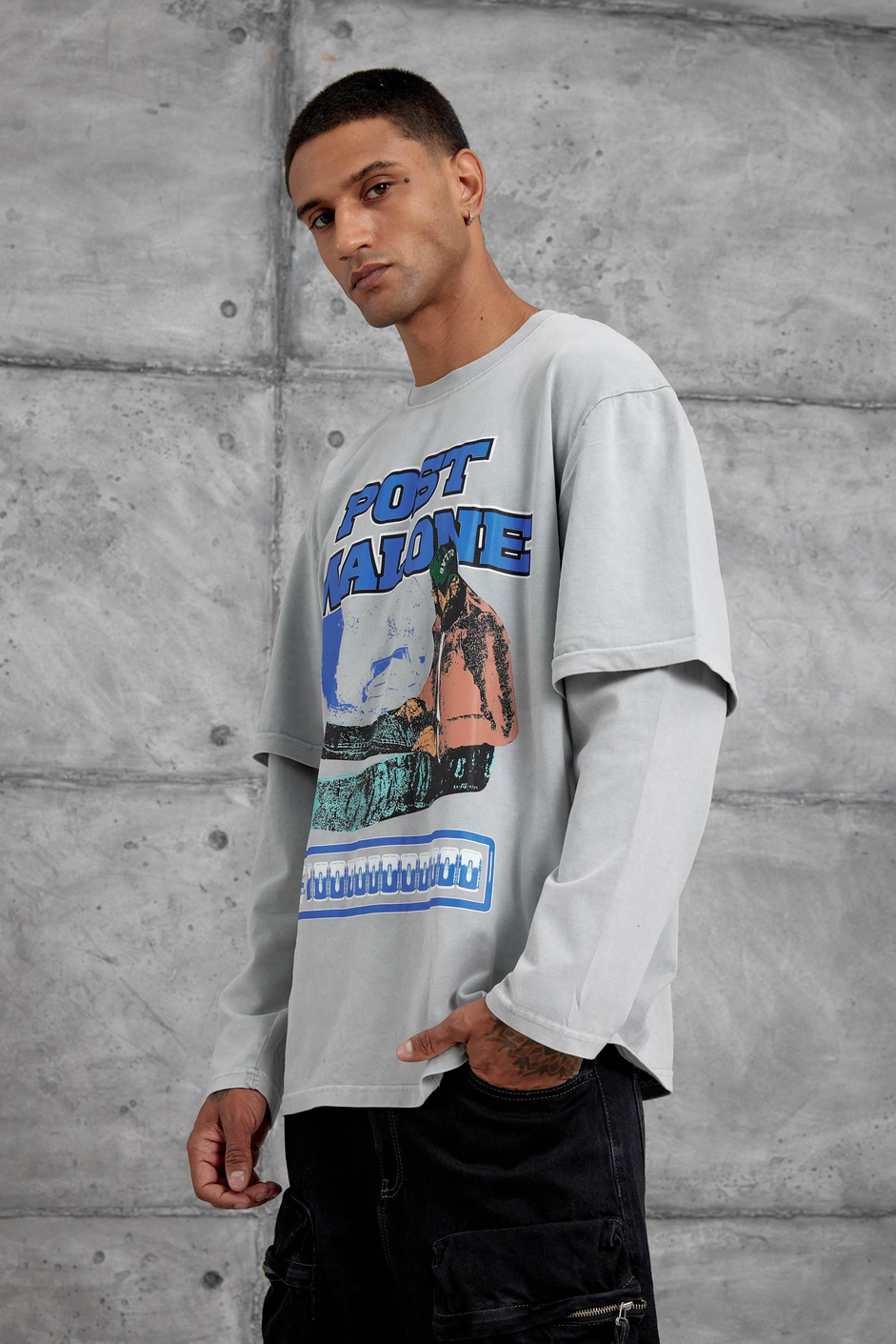 Gri Post Malone Yazılı Yıkamalı Oversize Sweatshirt