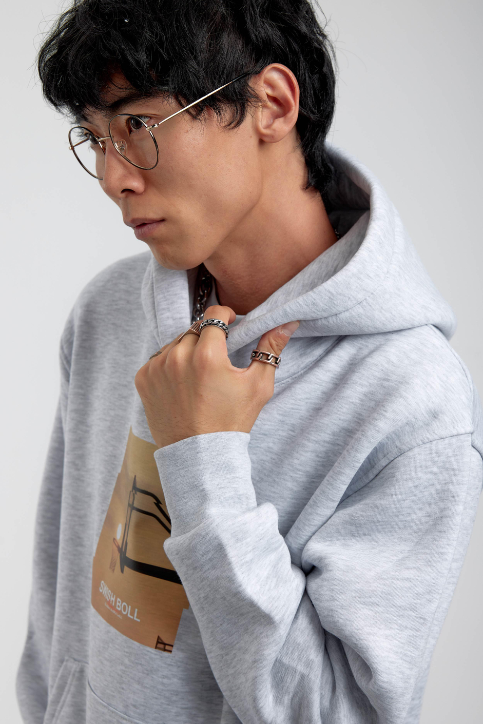 Gri Pota Baskılı Kapüşonlu Sweatshirt