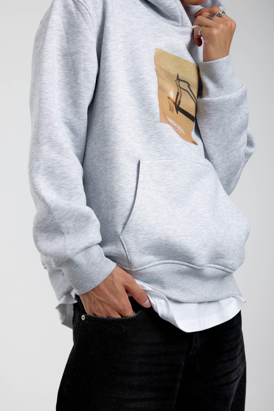 Gri Pota Baskılı Kapüşonlu Sweatshirt