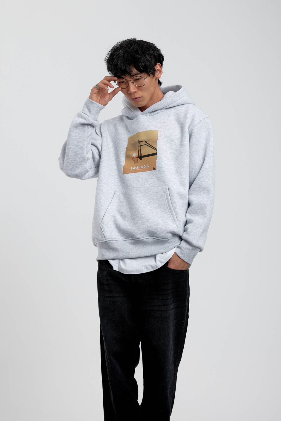 Gri Pota Baskılı Kapüşonlu Sweatshirt