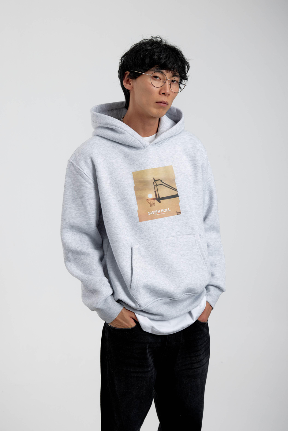 Gri Pota Baskılı Kapüşonlu Sweatshirt