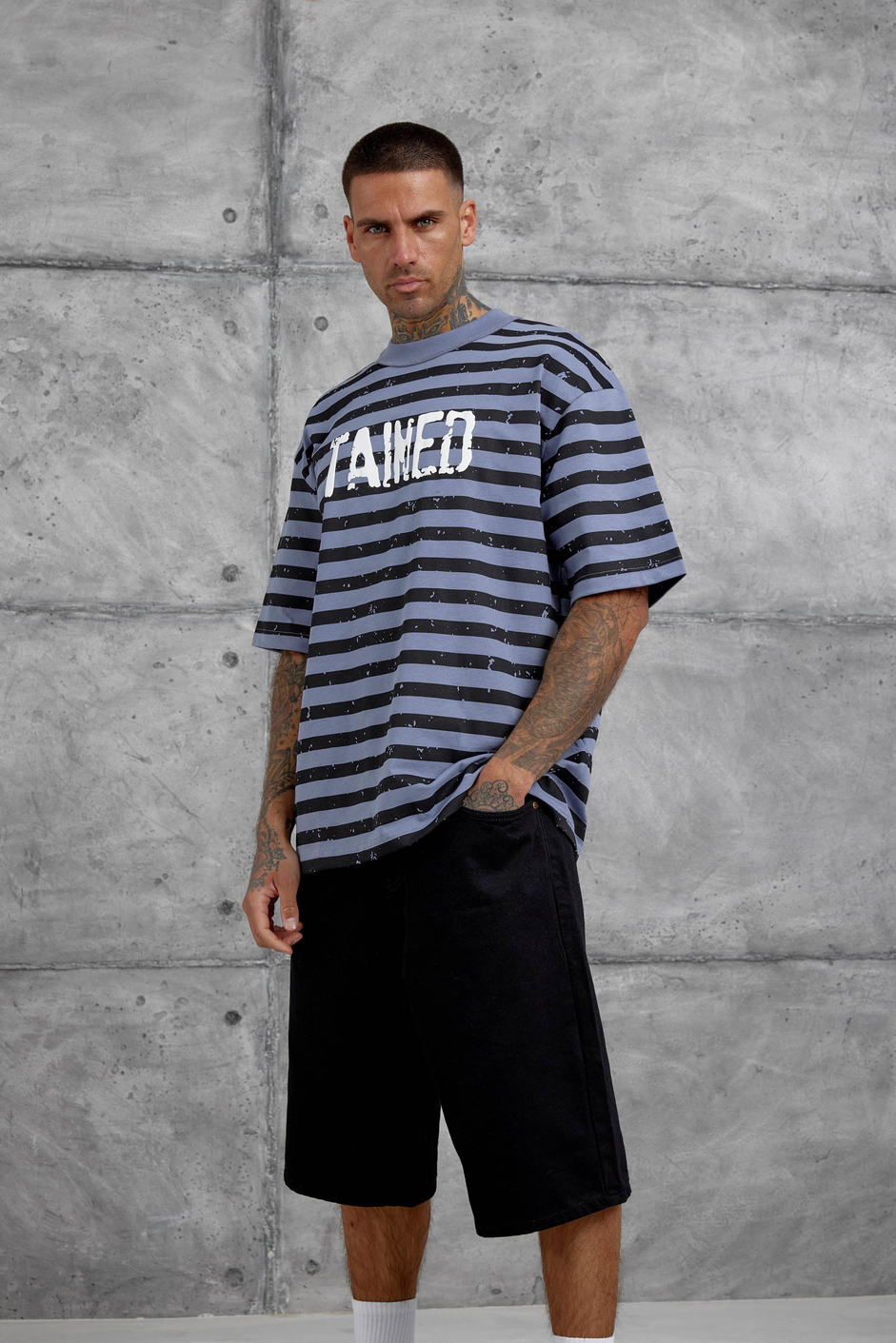Gri Tained Baskılı Oversize Tshirt