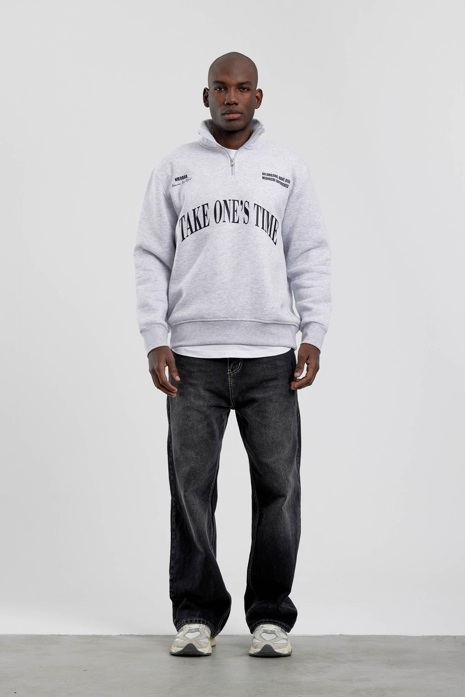 Gri Take One's Time Yazılı Yarım Fermuarlı Sweatshirt