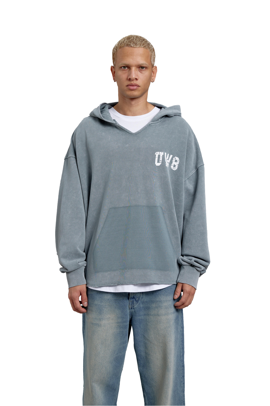 Gri Uv8 Baskılı Yıkamalı Oversıze Kapüşonlu Sweatshırt