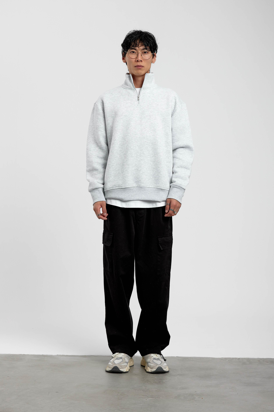 Gri Yakası Fermuarlı Basic Şardonlu Sweatshirt