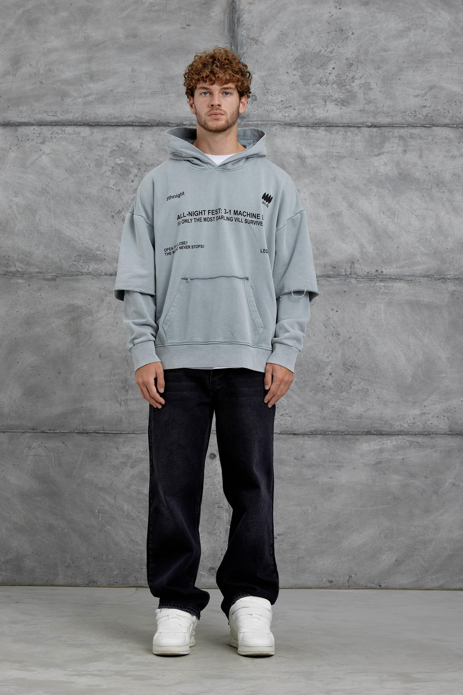 Gri Yazı Detaylı Parça Kollu Yıkamalı Oversize Kapüşonlu Sweatshirt