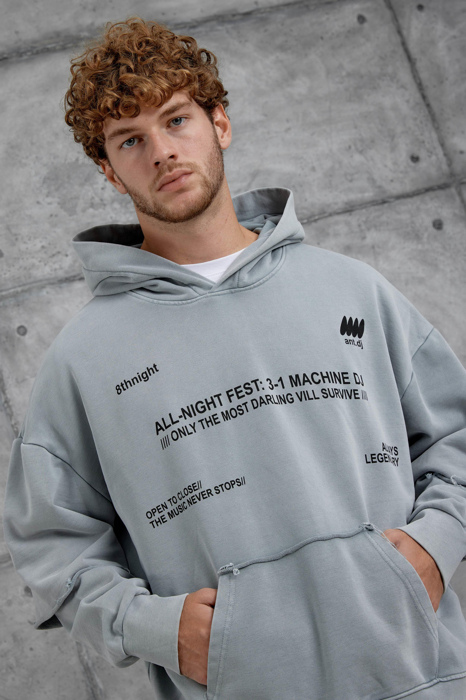 Gri Yazı Detaylı Parça Kollu Yıkamalı Oversize Kapüşonlu Sweatshirt