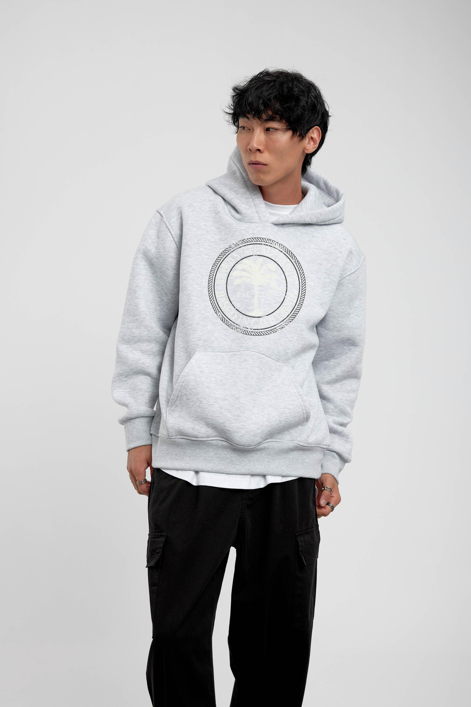 Gri Yazılı Palmiye Baskılı Kapüşonlu Sweatshirt
