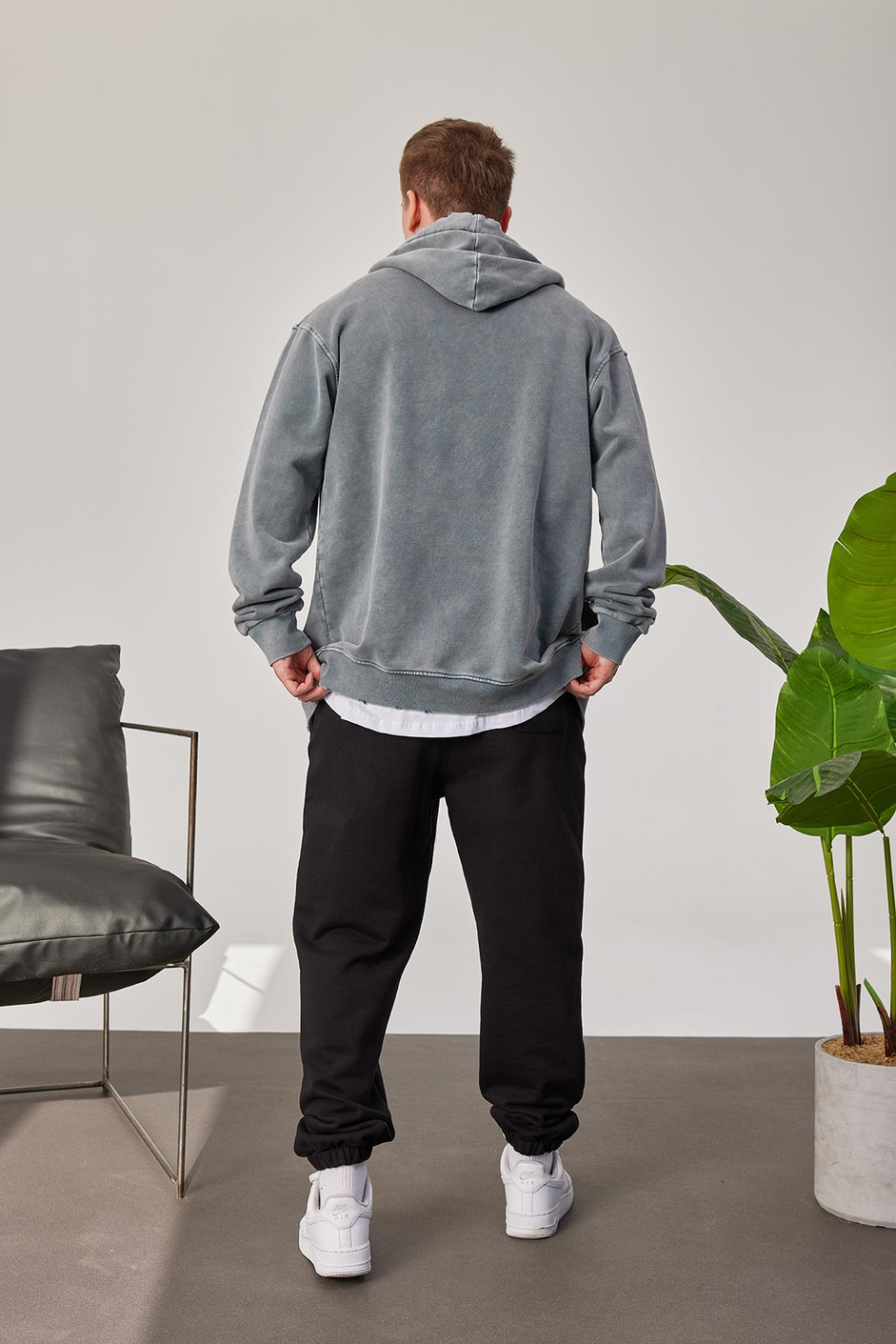 Gri Yıkamalı Fermuarlı Kapüşonlu Sweatshirt
