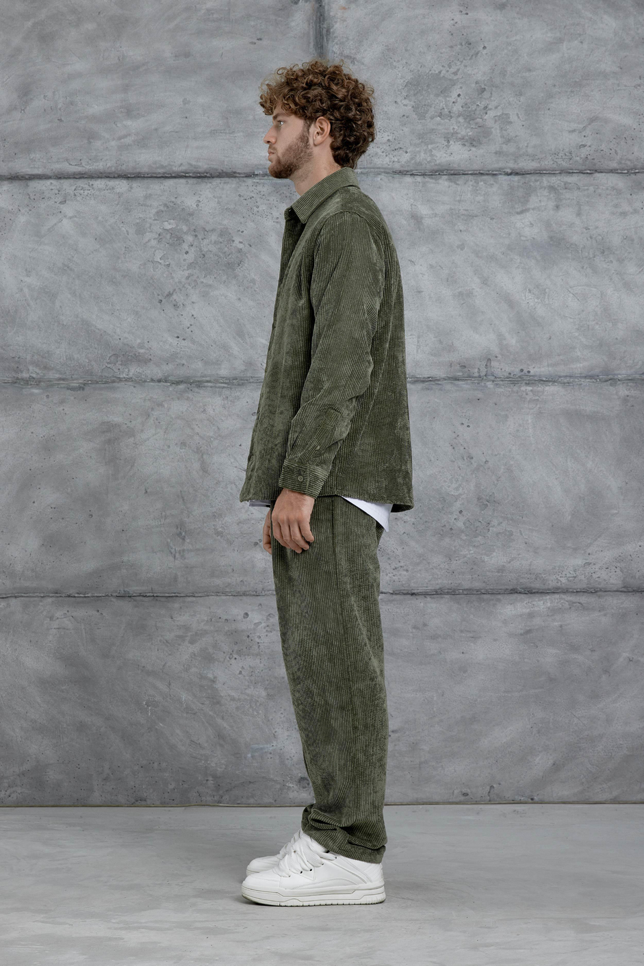 Haki 251 Kadife Oversize Gömlek ve Pantalon Takım